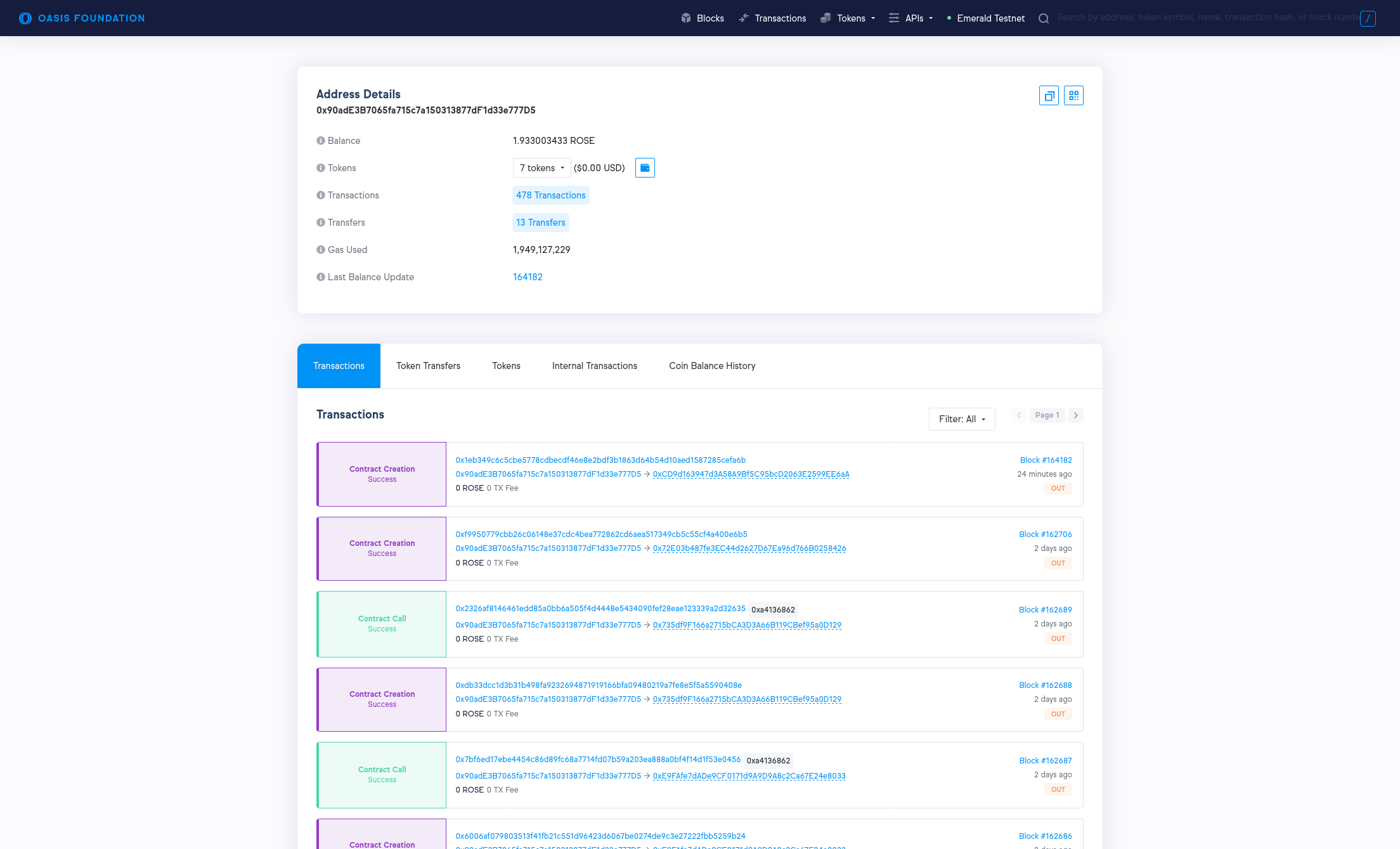 Emerald Block Explorer showing our account 0x90adE3B7065fa715c7a150313877dF1d33e777D5 used for deploying the smart contract